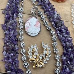 Estate Jewelry Lot 10pc Stone, Glass, Plastic, Costume Artisan Anastasia Cameo
