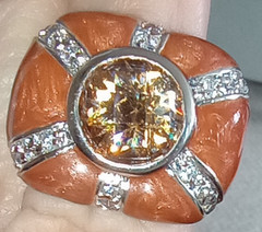 Ring 18kt gold plate, bezel set amber glass and cz ring, size 6