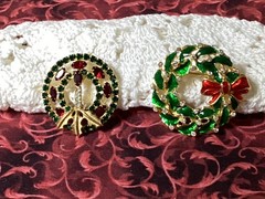 VTG 2 Enameled & Jeweled Christmas Brooches-No Brand