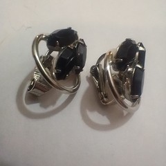Vtg Black Rhinestone Clip On Earrings Silver Finish 3 Stone MCM