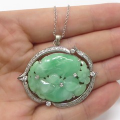 NYJEWEL 14k White Gold Carved Jadeite A Jade Diamond Brooch Pendant Necklace 18″