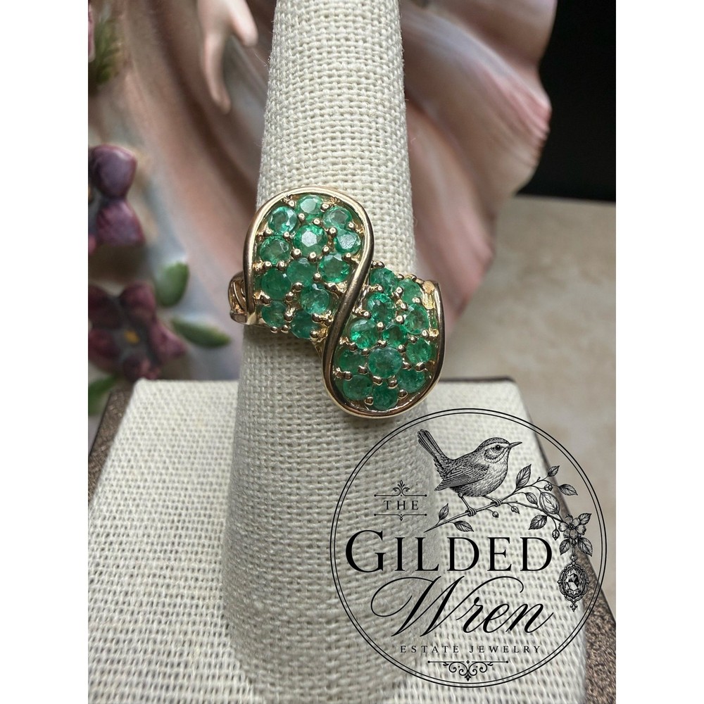 Vintage 10K Gold Natural Emerald Bypass Statement Ring Sz 7 Estate 4.40g