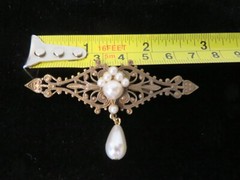 Vintage Ornate Metal Bar Dangle Brooch with Faux Pearls