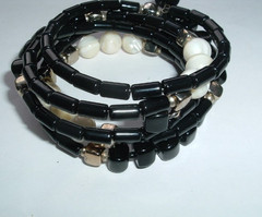 Vintage Black Gold White Mother of Pearl Wraparound Bracelet