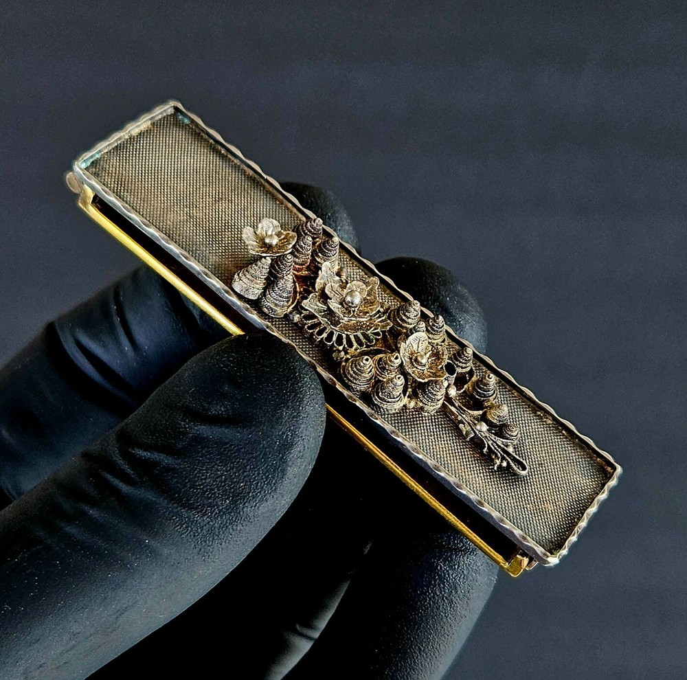 Antique Victorian 925Sterling Silver Filigree Gilt Brass Hair Slide Barette Clip