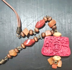 Vintage Marshall Fields Carved Cinnabar Pendant Necklace Asian Lacquer Boxed Tag