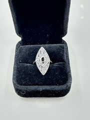 Antique Art Deco 1920s Revival Marquise Black Onyx and Marcasite Sterling Silver