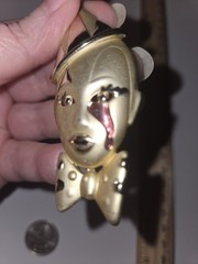 Vintage Sad Clown Pierrot Brooch Pin Gold Tone Red Enamel Tear Bowtie 3.25″