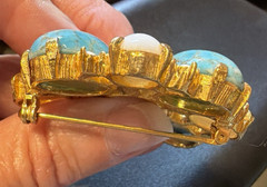 Vintage 60s-70s Jeanne Faux Turquoise White Milk Glass Cabochon Flower Brooch