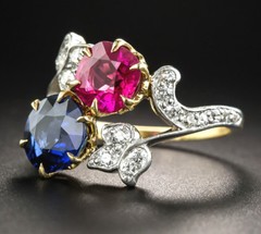 Victorian 0.80ct Rose Cut Diamond Ruby Blue Sapphire Cute Colorful Bridal Ring
