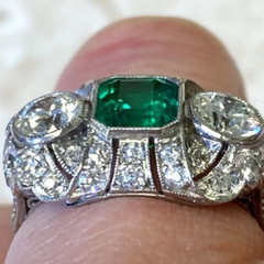 Antique Green Emerald & Lab Created Diamond Three-Stone Wedding 925 Silver Ring