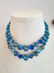 Vintage MCM Peacock Blue Iridescent Two Strand Beaded Necklace Glass Gold Fleck