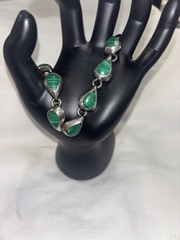 Vintage Mexican Sterling Silver Malachite Bracelet 925 MEXICO 27.48G TW 7″
