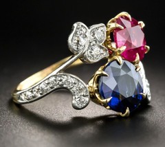Victorian 0.80ct Rose Cut Diamond Ruby Blue Sapphire Cute Colorful Bridal Ring