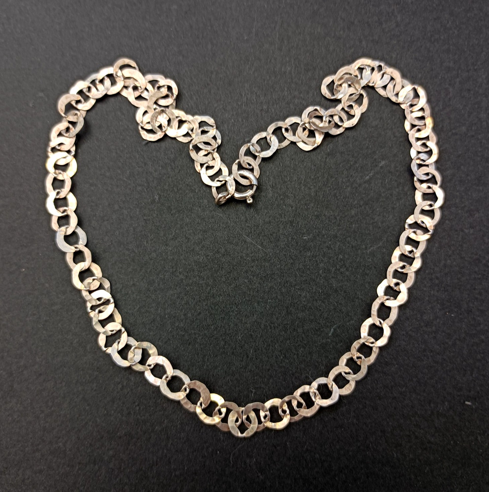Sterling Silver Chain Necklace Handmade Flatt Hammered Rolo Unique Collar VTG