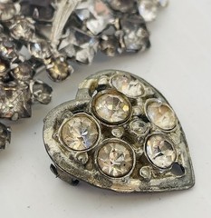 Vintage Pat Pend Rhinestone Brooch & Heart Pin Lot Smoky Gray Clear Crystal