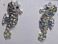 Vtg Seahorse Earrings Silver & Gold Tone Multi-color pierced Crystal Ave NOS