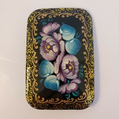Vintage Russian Lacquer Brooch- Floral with Gold Accents-Signed by Artist-EUC