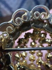 Vintage Gold Tone Red And Pink Dangling Lace Border Brooch