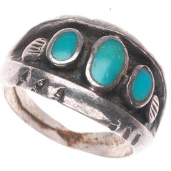 sz6 vintage Navajo sterling silver flush inlay turquoise row size 6 ring