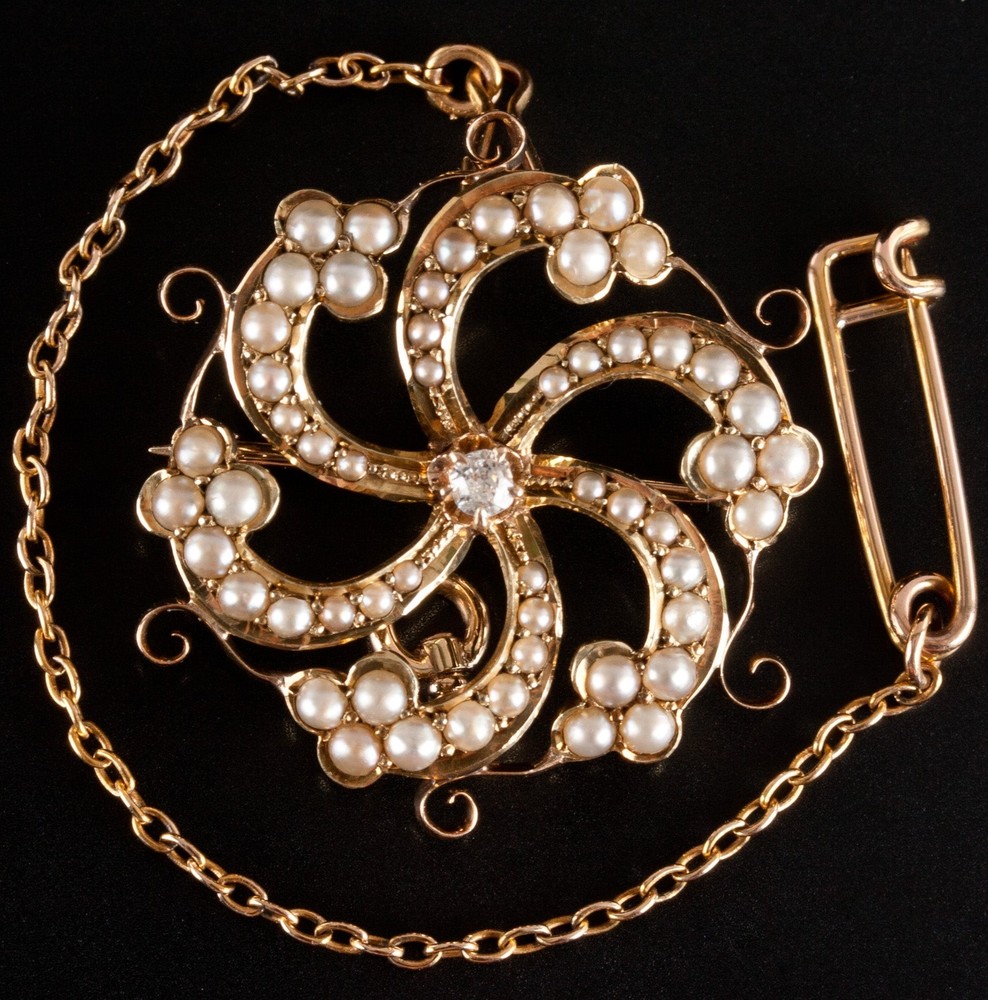 Vintage 1920s 14k Yellow Gold Pearl Old Mine Diamond Pin Pendant Combo .05ctw