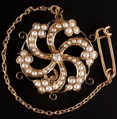 Vintage 1920s 14k Yellow Gold Pearl Old Mine Diamond Pin Pendant Combo .05ctw