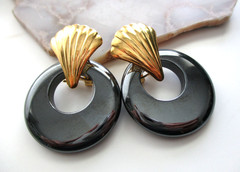 Vtg Black Hematite Hoop Stone Gold tone Door Knocker Earrings Interchangeable