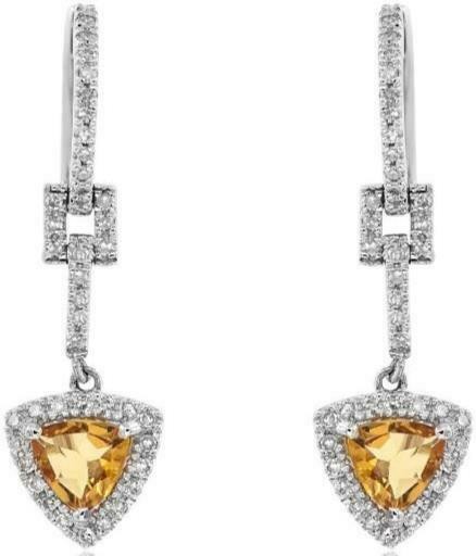 .99CT DIAMOND & AAA CITRINE 14KT WHITE GOLD 3D TRILLION & ROUND HANGING EARRINGS