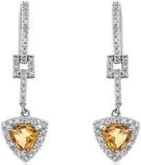 .99CT DIAMOND & AAA CITRINE 14KT WHITE GOLD 3D TRILLION & ROUND HANGING EARRINGS