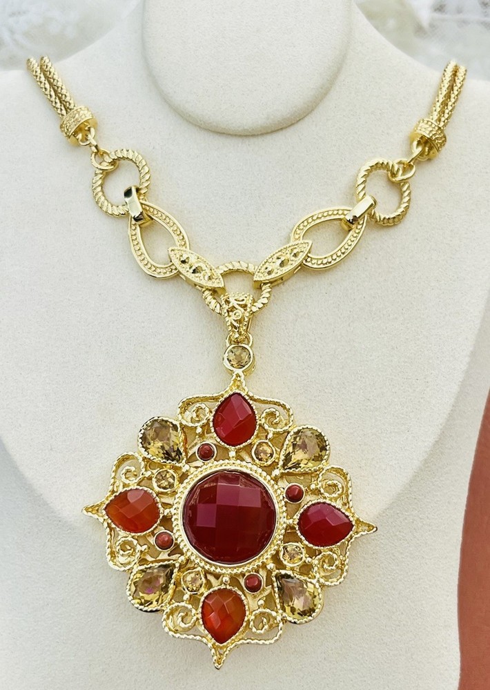 JTV Beria Collection Bronze 18 kt Ornate Scrollwork Carnelian Pendant Necklace
