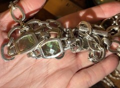 Vintage Anne Klein Silver Tone Chain Link Long Necklace With Green Blue Glass