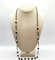 Modern Art Deco Black Clear Cut Crystal Bead Silver Tone Vintage Necklace 31 in