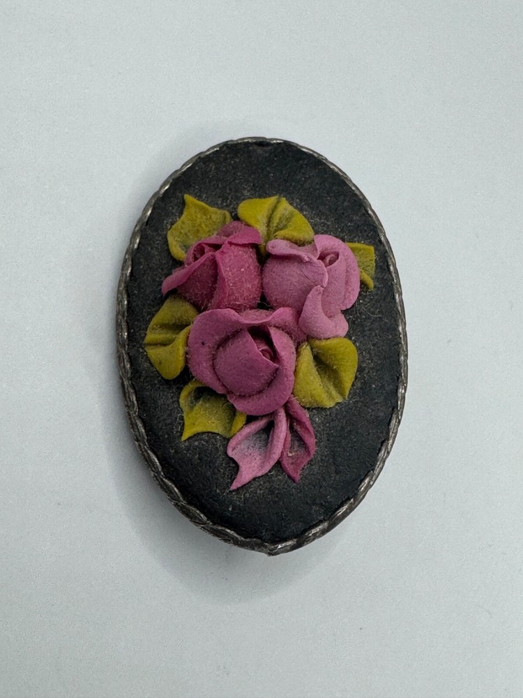 VINTAGE POLYMER CLAY FLOWER BROOCH, PINK ROSES OVAL BROOCH