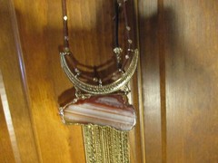 Vintage Handmade Necklace Leather Strap, Gold Tone Chain Metal, & Stone.