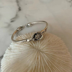 Vintage Flower Retro Rose Cuff Bangle 925 Sterling Silver Women Jewelry Bracelet