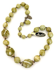 Vintage Signed Miriam Haskell Marbled Green Glass Nugget Bead Statement Necklace