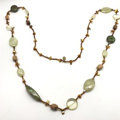 Vintage Green Glass Stone & Mother Of Pearl Beaded Long Strand Necklace 46″