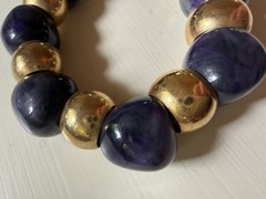 Vintage Chunky Bead Necklace Purple Stone Gold Tone Choker Heavy 15-16”