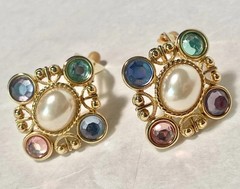 Lady Remington VTG Gold Tone Multicolor Crystal Pearl Clip Earrings 1” NOS Gift