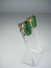 Vintage Green Plastic Clip On Earrings Gold Tone Oval Jewelry Faux Stone 1 inch