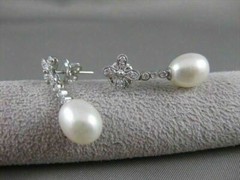ANTIQUE DIAMOND 11M OVAL SEA PEARL 14K WHITE GOLD HANGING FILIGREE EARRINGS #836