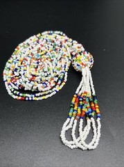 Vintage white green red yellow Glass Seed Beaded 34” Necklace 4190