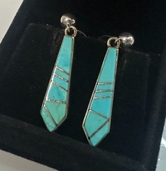 Calvin Begay Turquoise Inlay Dangle Earrings Native American Sterling Silver #8