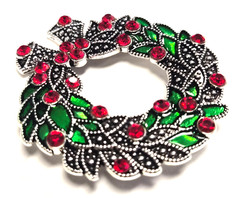 Estate Antiqued Silver Tone & Red Rhinestone Christmas Wreath Pin / Brooch