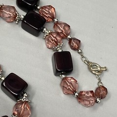 Glass Bead Necklace Mauve Square Cube Acrylic Faceted Spacer Silver Tone Caps 21