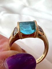 VINTAGE 14K YELLOW GOLD CHECKERBOARD PRISM CUT BLUE TOPAZ DIAMONDS RING DESIGNER