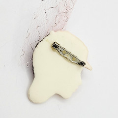 Painted Lady Face with Pink Hat and Veil Short Hair Brunette Vintage Brooch Pin