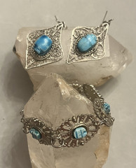 Vintage Egyptian Revival Turquoise Scarab Silver Filigree Bracelet/Earrings Set