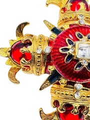 Vintage RJ Graziano Maltese Cross Red Enamel Brooch Pin Gold Tone Blue Baguettes