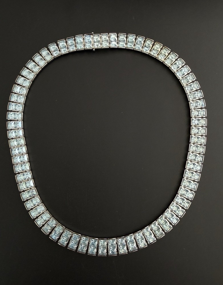 Art Deco Style Ice Blue Rhinestone Choker Collar Necklace Princess Cut VTG 14.5”